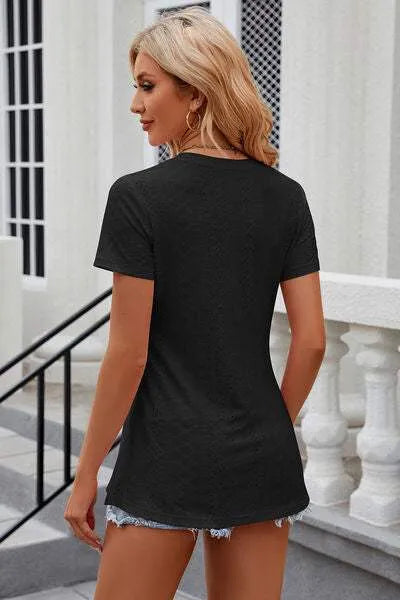Eyelet Slit Round Neck Short Sleeve T-Shirt Women's T-Shirts - Tophatter Daily Deals